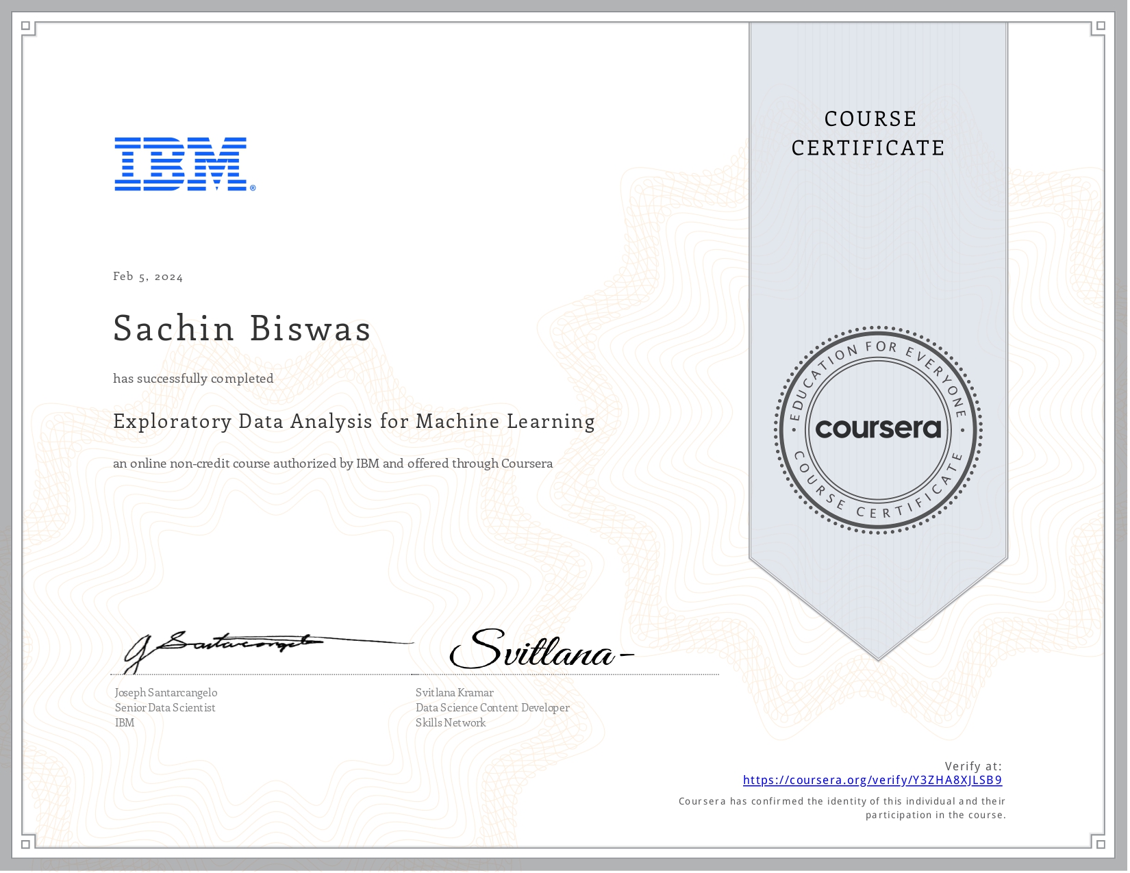 Exploratory Data Analysis for Machine Learning certificate